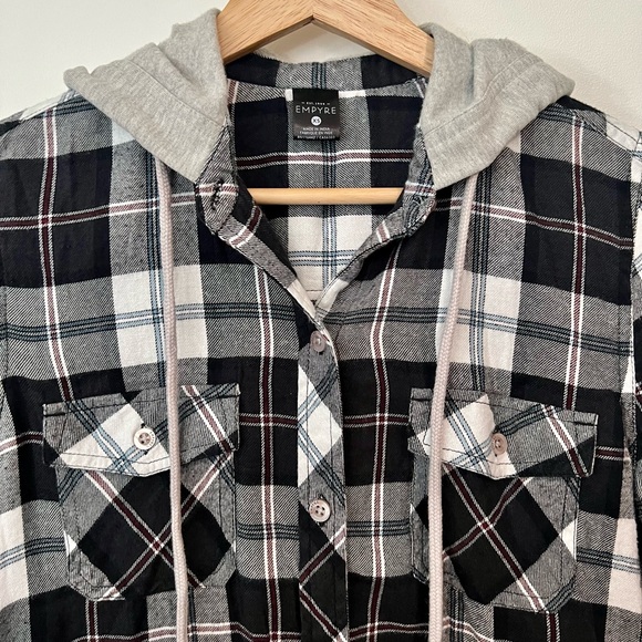 Plaid Button Down Shirt with Hood - Blue / Grey - Long Sleeve - High Low Hem XS - Picture 4 of 9
